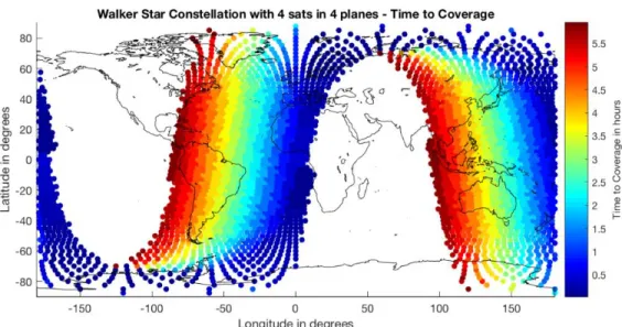 Figure 12: Spatial distribution of time to coverage of every global grid point (in hours) for the best performing 4- 4-satellite constellation in the simple scenario presented in Section 4.1