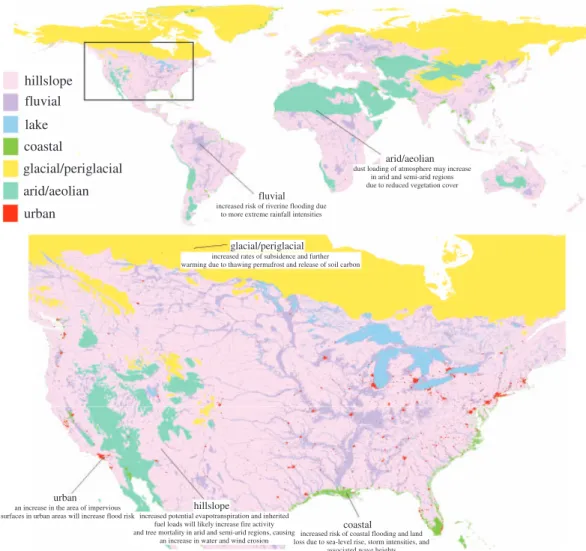 Figure 2. Map of dominant surface process zones, along with examples of the hazards and potential changes in hazards under future C&amp;LUC scenarios