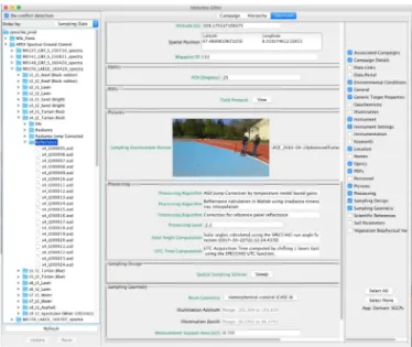 Fig. 6. SPECCHIO Metadata Editor graphical user interface illustrating the hierarchical data browser for data selection (left side), metadata fields grouped by categories (middle) and category selection panel showing the default  config-uration for SGCPs (