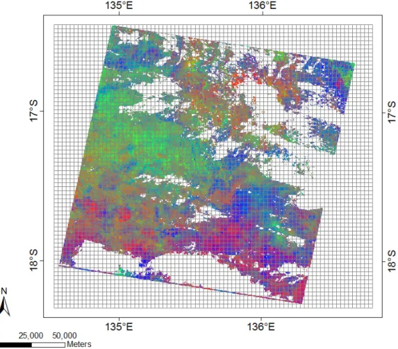 Figure 6 shows the spatial grid on top of the FCover scene at a resolution of 3,000 m