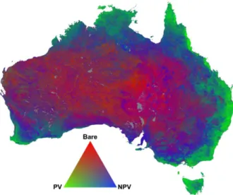 Figure 3 shows a national FCover product for Australia. The triangular ternary diagram can be read anti-clockwise between PV, nPV and BS