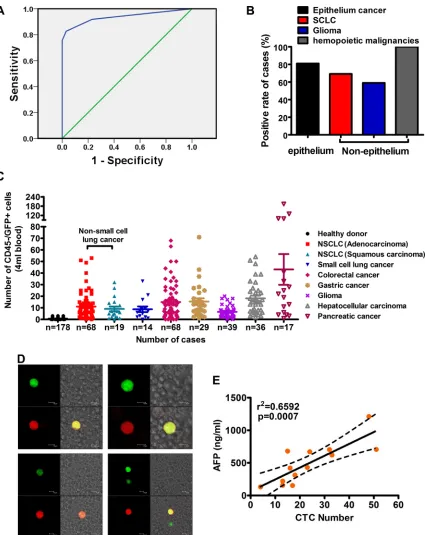 Figure 5: Identification of CTCs in patients with solid tumors. (A) ROC analysis for threshold detection of CTCs