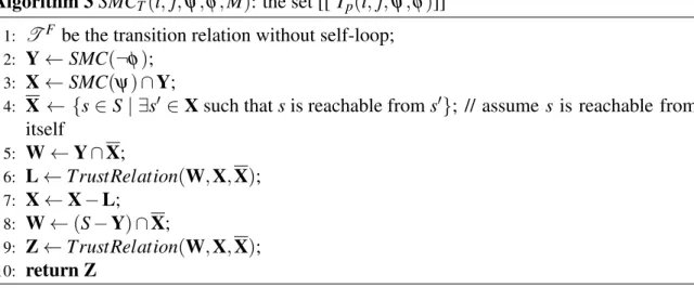Figure 3.4 illustrates an example of a flat model. The computation of Algorithm 3 regarding the trust formula T p (i, j, ψ, φ ) is as follows: Y = {s 1 , s 2 , s 6 , s 7 } (Line 2), X = {s 1 , s 2 , s 7 } (Line 3), X = {s 1 , s 2 , s 3 , s 4 , s 5 , s 6 , 