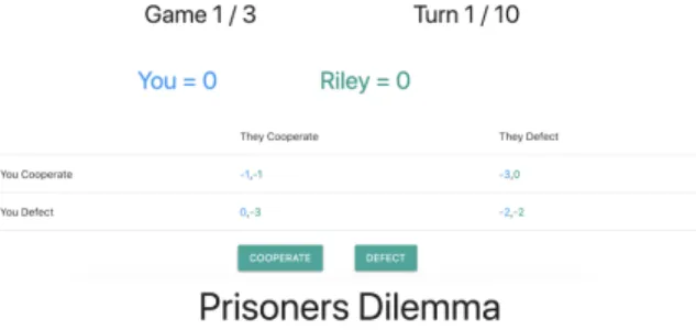 Figure 3.1: Human (bottom) and AI(top) views of the Prisoner’s Dilemma Interface