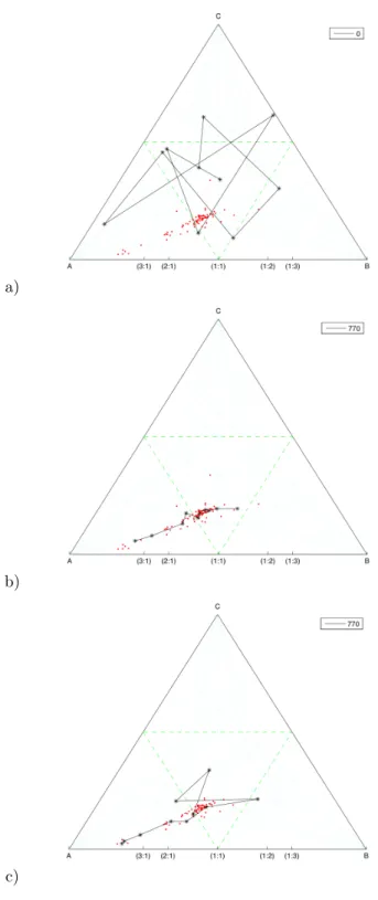 Figure 4: Results of the SOM representation of a calc–alkaline data set (77 samples) from Hualca–Hualca volcano southern Peru in the three–part simplex AFM diagram