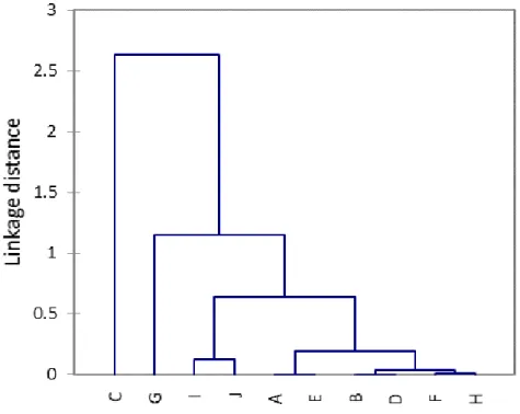 Fig.  2.  An  example  of  a  hierarchical  cluster  analysis  (HCA)  dendrogram  where  Euclidean  distances  and  Ward’s  aggregation  criteria  was  used  during  statistical  analysis  to  identify  groupings  on  a  multivariate sensory map (own data)