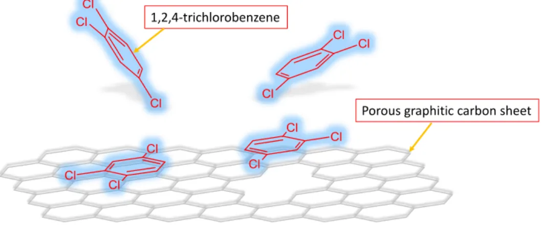 Figure  2.5  Schematic  representation  of  the  planar  hexagonal  structure  of  a  PGC  sheet  and  desorption promoting TCB molecules