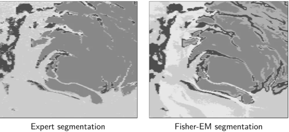 Figure 10: Segmentation of the hyperspectral image of the Martian surface using a physical model build by experts (left) and Fisher-EM (right).