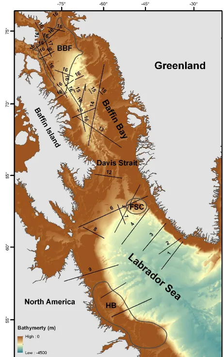 Fig. 1. Bathymetry of the Labrador Sea, Davis Strait and Baf-ﬁn Bay (Louden et al., 2004)