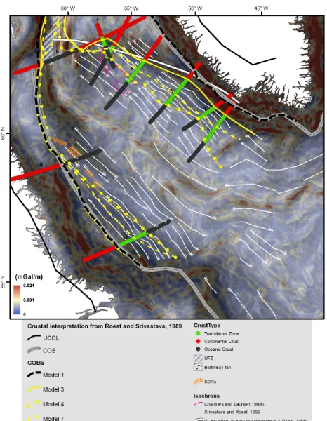 Fig. 2. Interpreted crustal structure and alternative COB models inthe Labrador Sea shown overlying Bouguer gravity (derived fromEGM08)