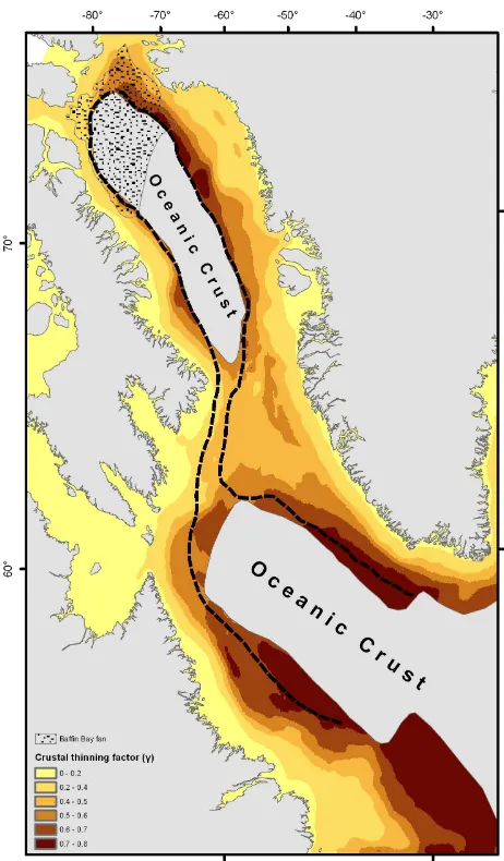 Fig. 10. Crustal thinning factor (γ ) grid varies between 0 in un-stretched continental crust and more than 0.7, which is the represen-tative of volcanic addition in the form of magmatic underplating oroceanic crust