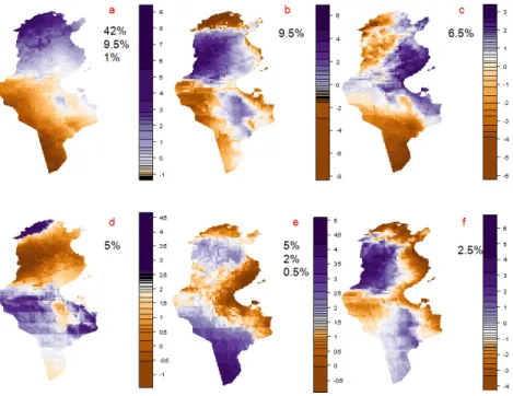 Figure 6: Main spatial components from principal tensors of Tunisian climatic data with metric W l gα− : letters correspond to the output listing with (metric Wglv).