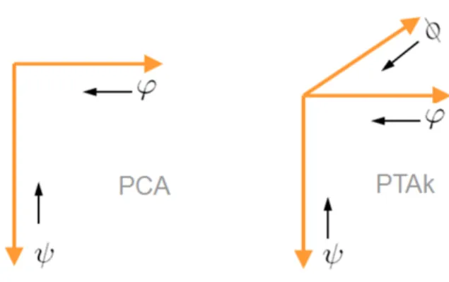 Figure 1: Illustrative comparison between PCA and PTAk (here with k = 3) when computing singular values by Complete Contractions given in the Equations 5 and 6: the basis of the RPVSCC algorithm.