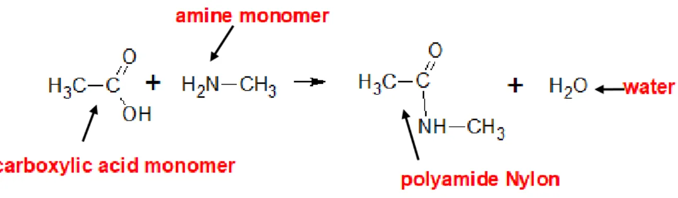 Figure 2. Condensation polymerization of a carboxylic and amine monomer to produce a polyamide Nylon