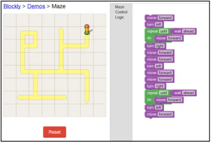 Figure 2.10: A Google Blocky maze navigation puzzle with code on the right.