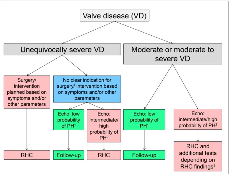 figuRe 4  |   Suggested algorithm to detect pulmonary hypertension (PH) using echocardiography (echo) and right heart catheterization (RHC) in patients with  left-sided valve disease (VD, i.e., mitral stenosis and/or regurgitation, aortic stenosis and/or r
