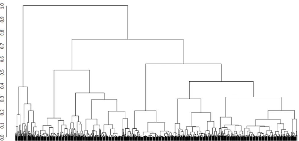 Figure 3.2: A traditional top-down representation of a dendrogram generated using R. The axis on the left shows the dissimilarity levels ranging between 0 (leaves) and 1 (root).
