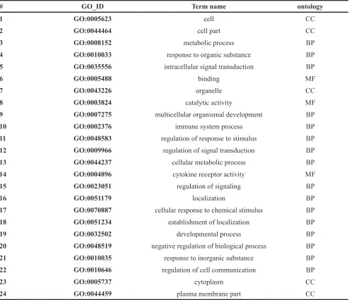 Table 1: List of the 24 pathways as defined by GO terms commonly affected in primary/in vivo passage and cell line AML materials compared to Lin-depleted bone marrow cells