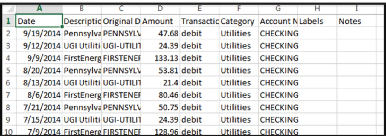 Figure 5.   Exportable CSV File from Mint. 113