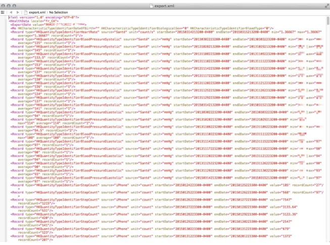 Figure 9.   XML Data Export File from Apple’s Health. 186