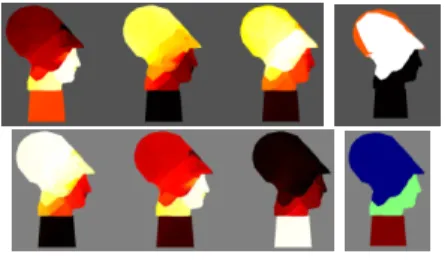 Fig. 6. Basis functions (left) and segmentation results (right) computed without (top) and with (bottom) sparseness constraints (k = 3).
