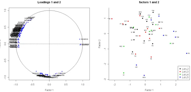 Figure 5: Loadings circle plot of the genes in the chicken example (left). Score plot of the microarrays in the chicken example (right).