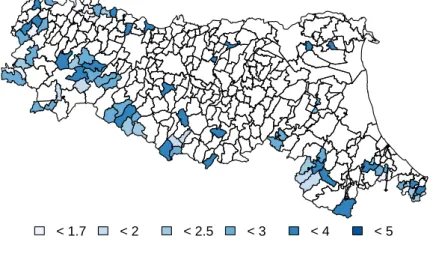 Figure 4.2: Map highlighting areas where e i < 5. Small expected counts show a non strong degree of spatial correlation.