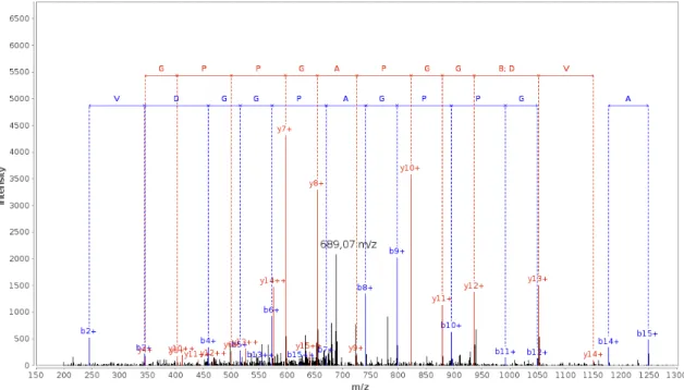 Figure 2.6: Annotated MS /MS spectrum for the peptide DEVDGGPAGPPGGAAK. The figure shows an annotated MS /MS spectrum for the peptide with the sequence  DEVDG-GPAGPPGGAAK from a 2 + charged precursor ion