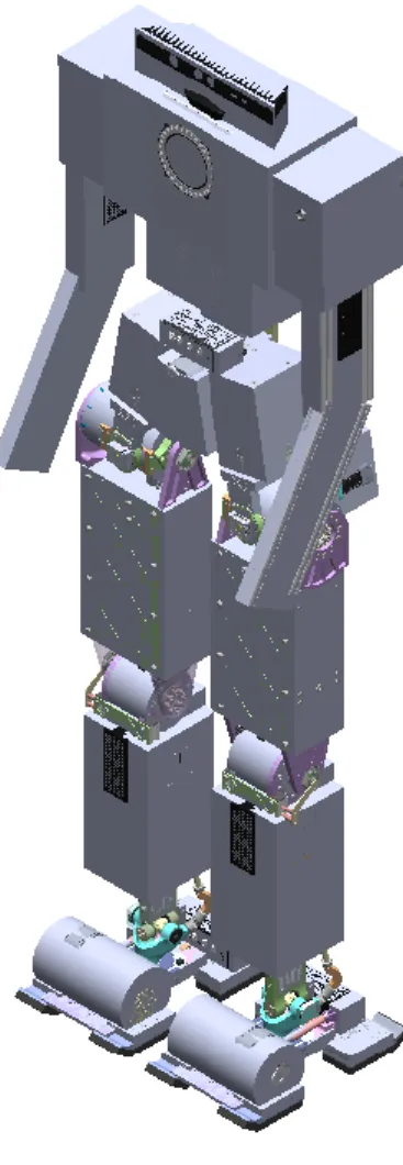 Figure 7: The TigerBot SolidWorks model with the collision model overlaying it. The collision  model mostly consists of blocks outlining the original model with some exceptions like the ankle  yokes