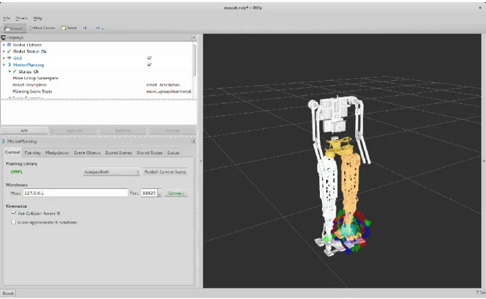 Figure 8: TigerBot as seen in RViz when using TigerBot’s MoveIt! demo. TigerBot’s legs can be  controlled and moved directly from RViz using the MoveIt! plugin