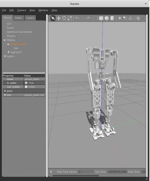 Figure 9: TigerBot as seen in Gazebo. The model spawns at the origin of the world. The  simulation is currently paused, with the simulation time and the real time at zero
