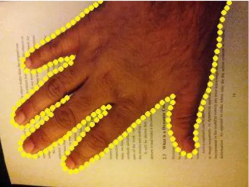 Figure 1.1: Active contour snake contouring the shape of the hand in the image (drawn  in yellow) 