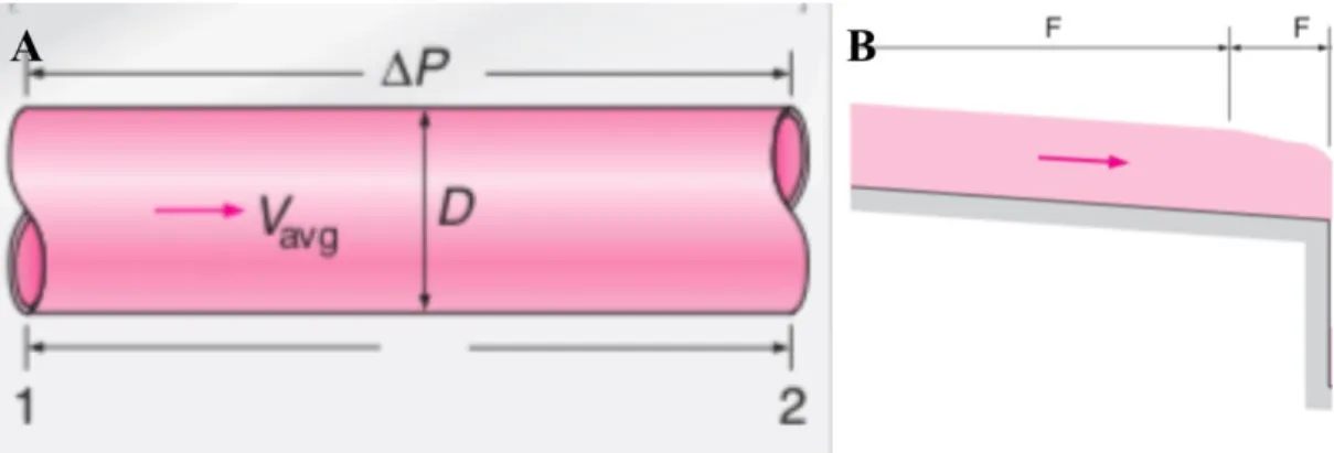 Fig. 2.10 Schematics illustrating the different types of fluid flow A) in a pipe and B) in a channel [44]