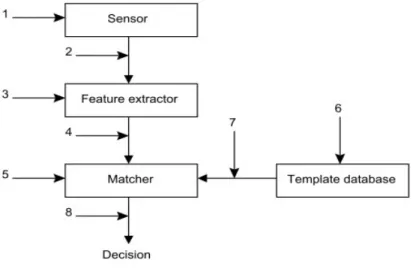 Figure 3. Eight points of attacks in a biometric authentication system (adapted from [19]) 