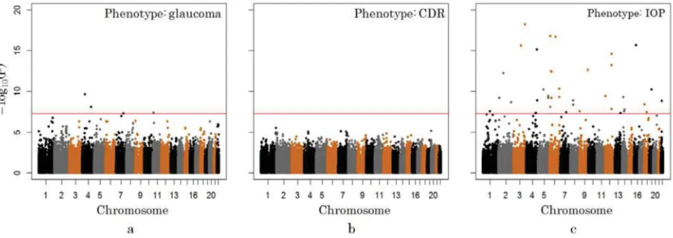 Fig. 2. Manhattan plot for basic association analysis. a.Glaucoma; b.CDR; C.IOP