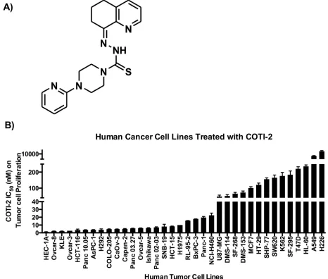 Figure 1: A. COTI-2, a third generation thiosemicarbazone, was designed using the CHEMSAS computational platform