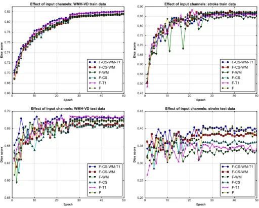 Figure 4: Different input channel exploration. F: FLAIR image, CS: cerebro-spinal track atlas, WM: white matter probability map, T1: T1 weighted image.