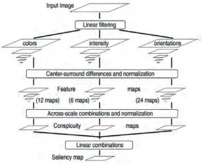 Figure 2.3: The general architecture of the saliency model by (Itti, Koch, &amp;