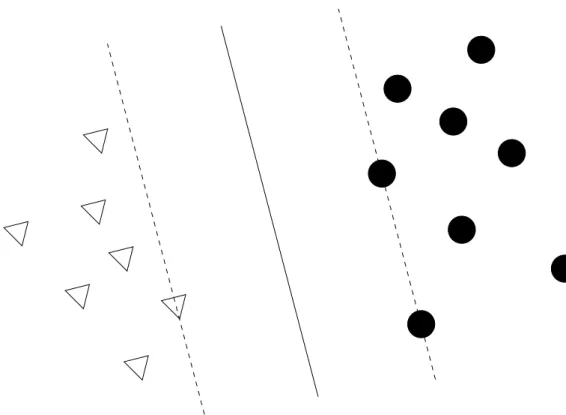 Figure 3.14: A binary classification toy problem solved by an SVM. The solid line is the separator