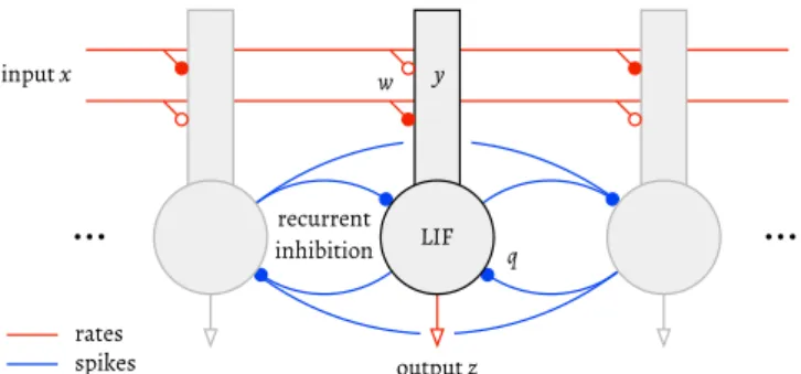 Fig. 1. Architecture of the network. Annotations indicate the feedforward input x, leaky integrate-and-fire (LIF) somas and their firing rate z, dendritic compartments and dendritic activity y, and feedforward and recurrent pathways with weights w and q, r