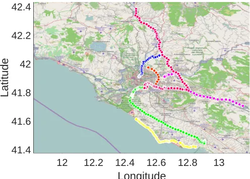 Fig. 1. Geographic context example: an example of estimated trajectories of6 mobile users.