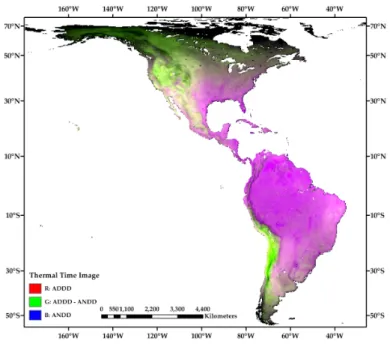 Figure 1. False-color composite of thermal time metrics for the Western Hemisphere. 