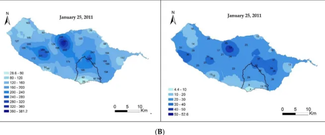 Figure 6. Spatial distribution of maximum precipitation at 12 h (left panels) and at 1 h (right panels),  in a group of rainy episodes that occurred between 2009 and 2011