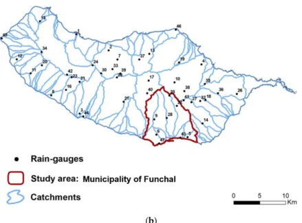 Figure  1.  Location  and  relief  (a)  of  the  island  of  Madeira  (Portugal),  and  (b)  location  of  the  47  rain-gauges considered in this study