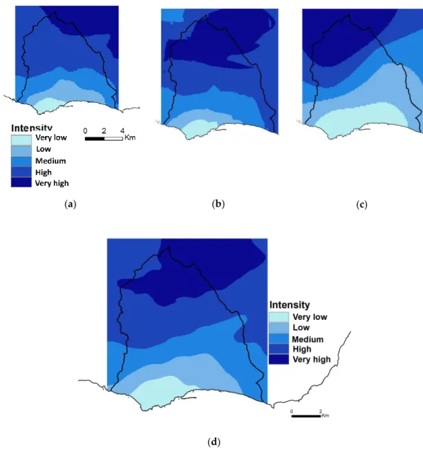 Figure  2.  Spatial  evaluation  of  intense  precipitation  based  on:  (a)  and  (b)  average  intensity  of  maximum  precipitation  in  1  h  and  12  h;  (c)  95th  percentile  of  daily  precipitation;  (d)  zonation  of  intense precipitation levels