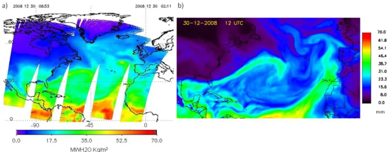 Figure  2.3  Precipitable  water  vapour  field  on  30  December  2008  for  (a)  AIRS  observation  (unit:  kg/m²)  at  0853  UTC,  and  (b)  ECMWF  Analysis  (unit:  mm)  at  1200  UTC