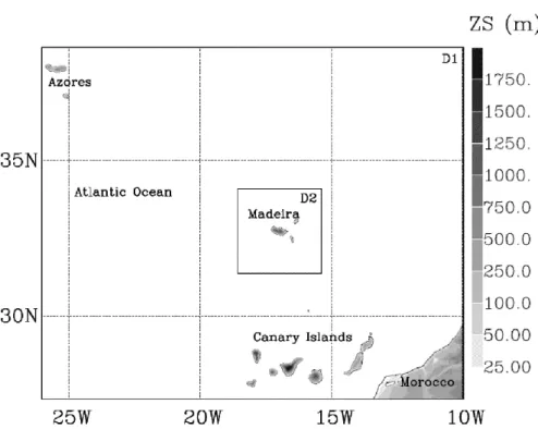 Figure 3.1 Location of the Madeira island and the MESO-NH configuration. The larger  domain (D1) at 2.5 km horizontal resolution, and the inner domain (D2) at 0.5 km grid  spacing