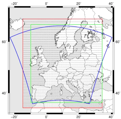 Figure S1: Investigation area. CCLM is simulated with 0.0625 ◦ resolution within blue area; ERA-Interim data is used with 0.7 ◦ resolution for the  sta-tistical downscaling within red area, and for MI calculation within green area.