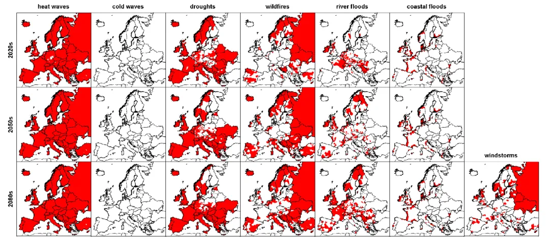 Figure 2.8 Hazard-specific contributions to the Change Exposure Index calculation. NUTS3 regions whose relative increase in 100-yr EAFE is larger than 20% (in  red)