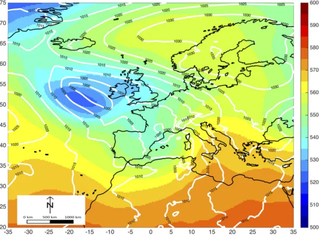 Figure 1. Geopotential heights (shaded according to color bar on the right of the figure) at 500 hPa and mean sea level pressure (white, contour interval 5 hPa) at 06 UTC on 14 October 2016 (ECMWF-ERA5).